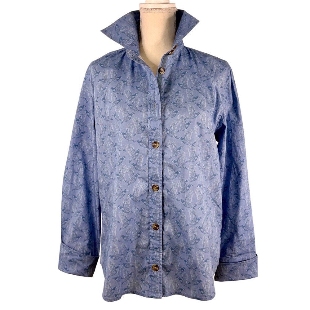 Holly Shae Quail Hunting Bird Print Blue Cotton‎ Button Down Shirt L/XL NWT